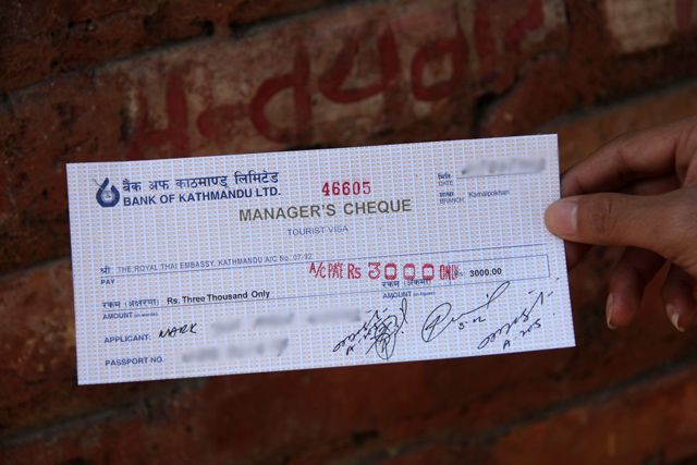 Manager's check for Thai visa in Kathmandu