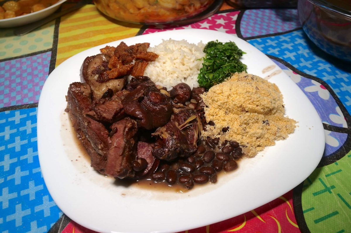 Full Plate of Fejoada Farofa Rice and Pork Cracklings at Chef Juras ...