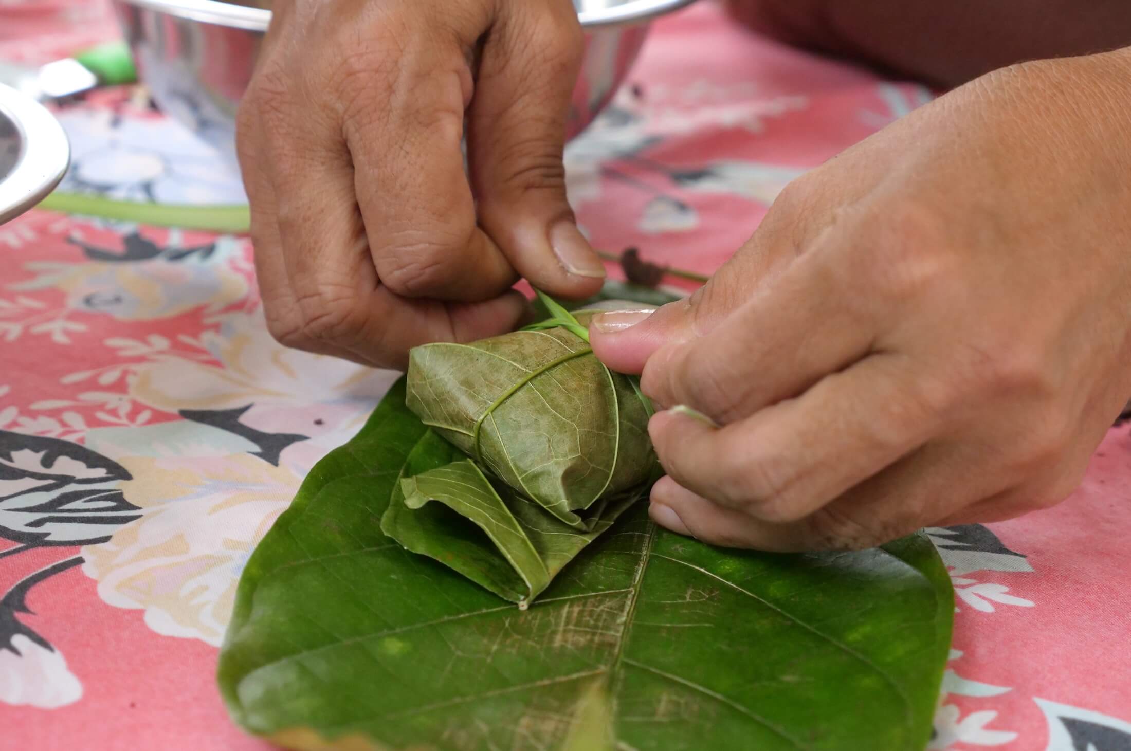 Using cacao leaves to wrap the fresh cacoa, it takes about a week for the entire process to be ready for consumption