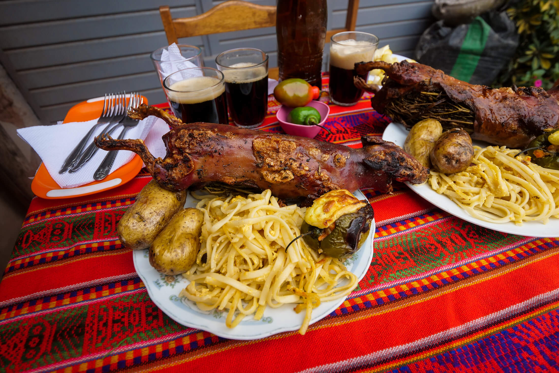 Huge plates of cuy served traditional style at Cuyeria Mónica