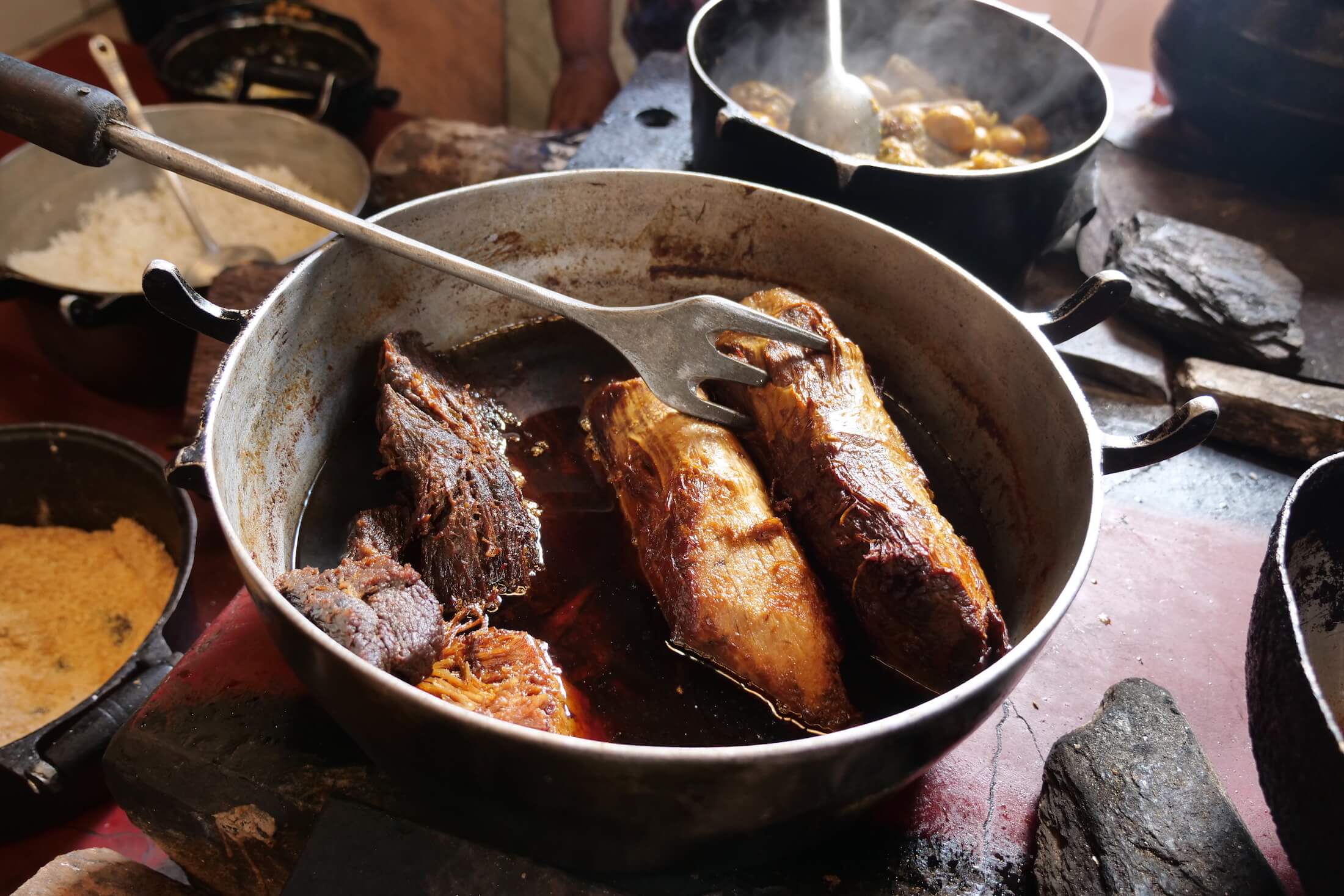 Hearty frying pans full of beef, amazing strands of rich but not too oily flavor