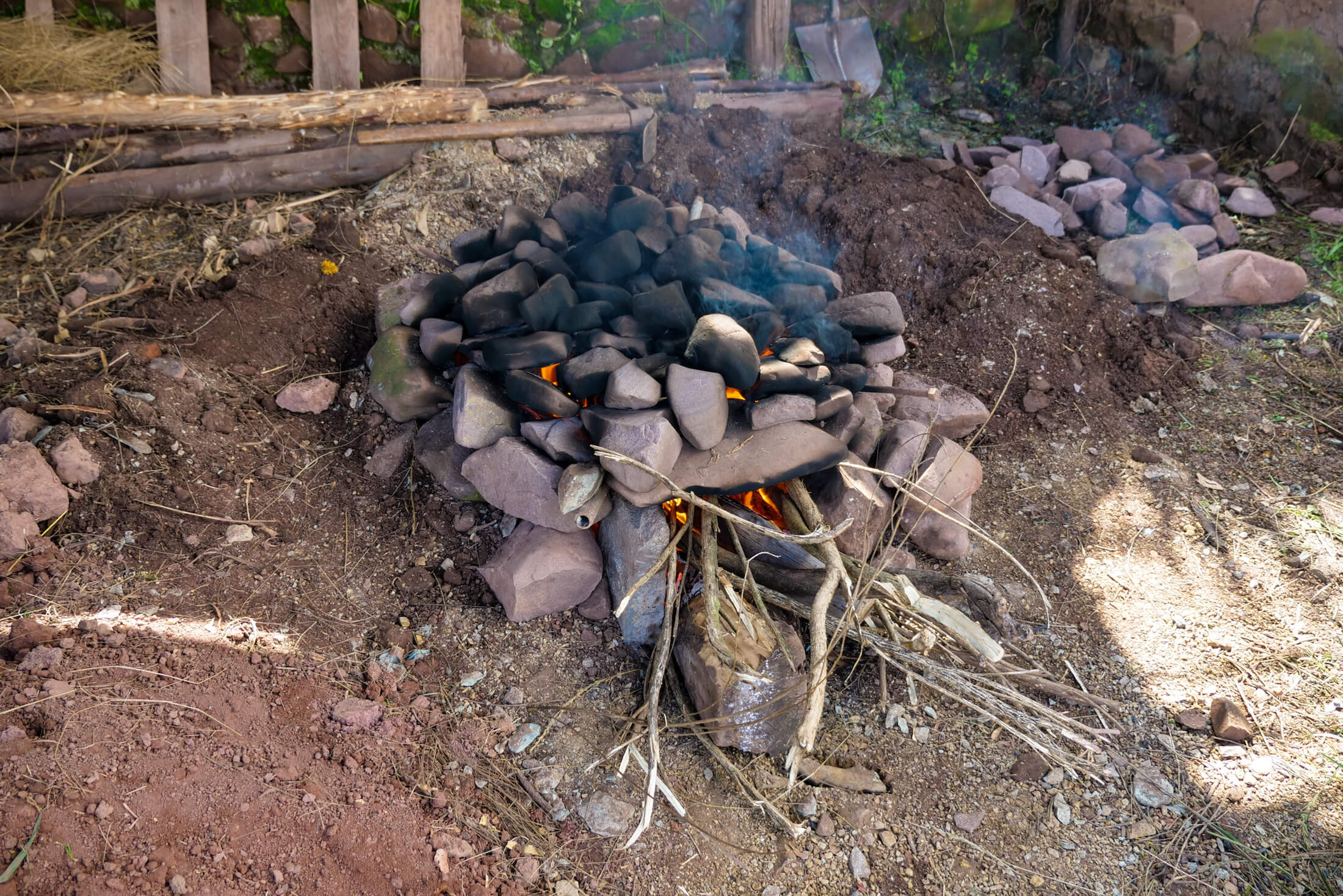 The first fire of Pachamanca is for heating the cooking stones