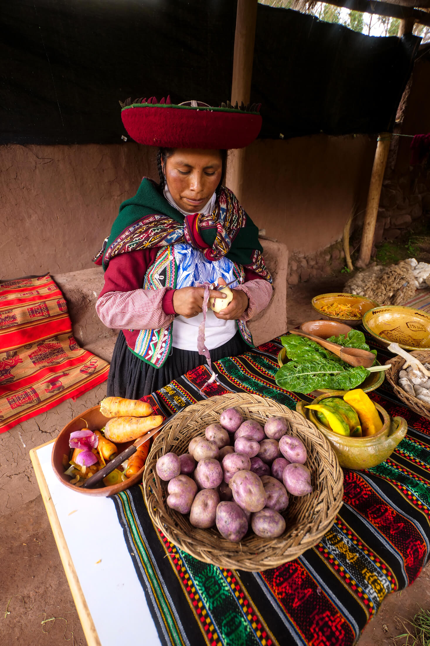 Ingredients to Moraya, a high-altitude staple food of Peru, include pumpkin, potato, carrot, and kale